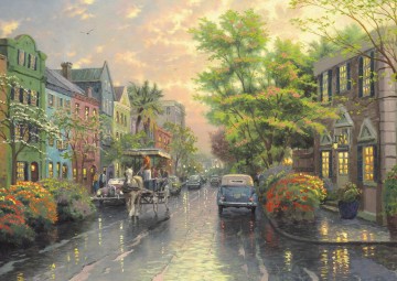  charles - Charleston Sunset on Rainbow Row Thomas Kinkade
